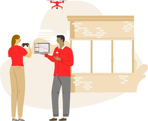 Illustration of State Farm claims team using a drone to review property damage